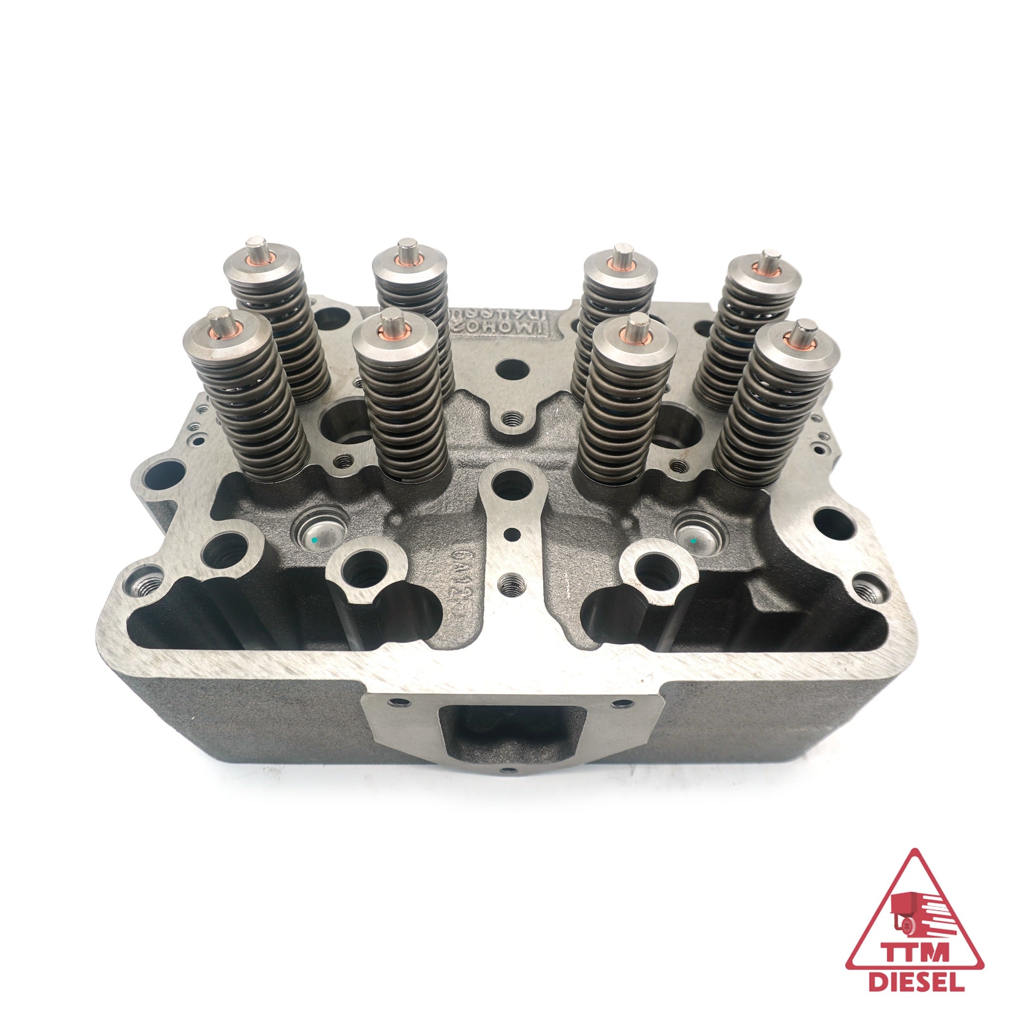 New Cummins N14 cylinder head 3078360 rear three-quarter view showing valve train